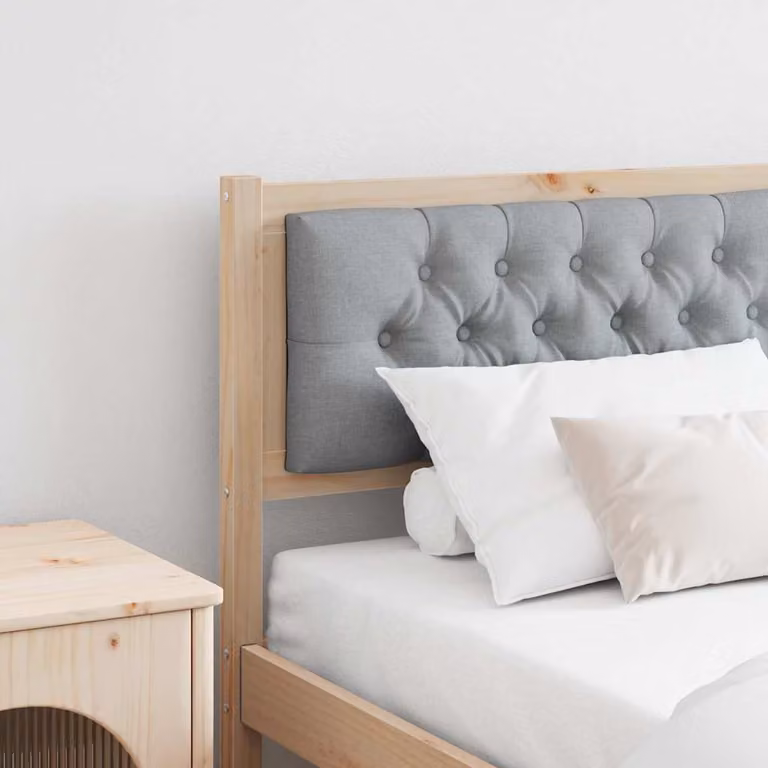 Testiera per letto moderna vidaXL in legno di pino massello e tessuto, marrone e grigio chiaro, L: 185,5 cm