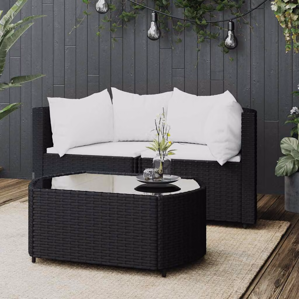 Set da giardino moderno vidaXL composto da divano a 3 posti, elemento angolare, tavolino da caffè e cuscini in colore nero e bianco