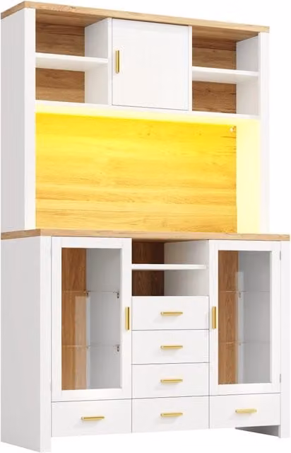 Buffet multifunzionale bianco con effetto legno, 120x40x188 cm, 4 porte, 6 cassetti, luce LED integrata