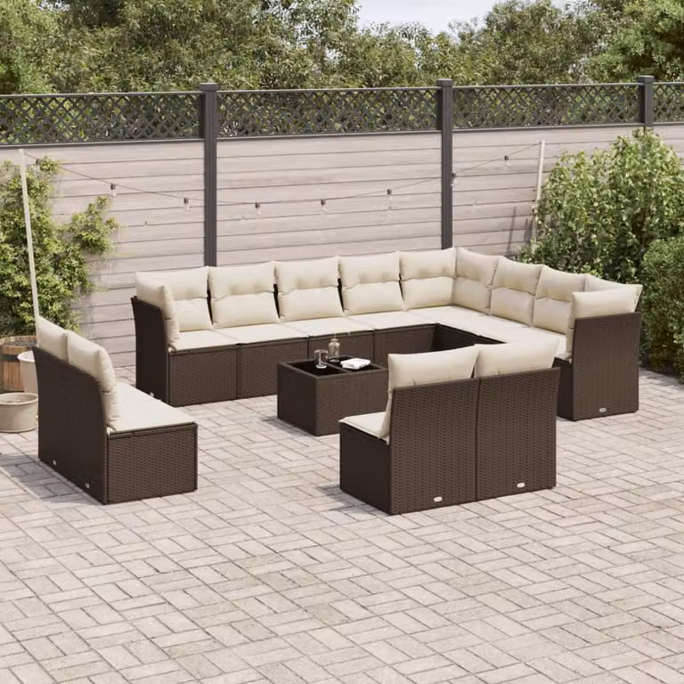 vidaXL Set Divani da Giardino 13 pz a Forma a U con Cuscini Marrone e Bianco in Polyrattan e Acciaio