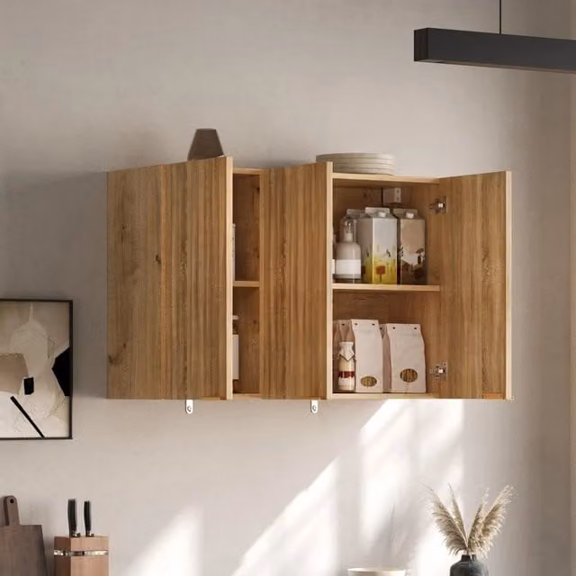 Desviae Pensile a parete con 3 ante in MDF naturale con ante scanalate e maniglie dorate per cucina bagno soggiorno 90 × 29 × 60 cm