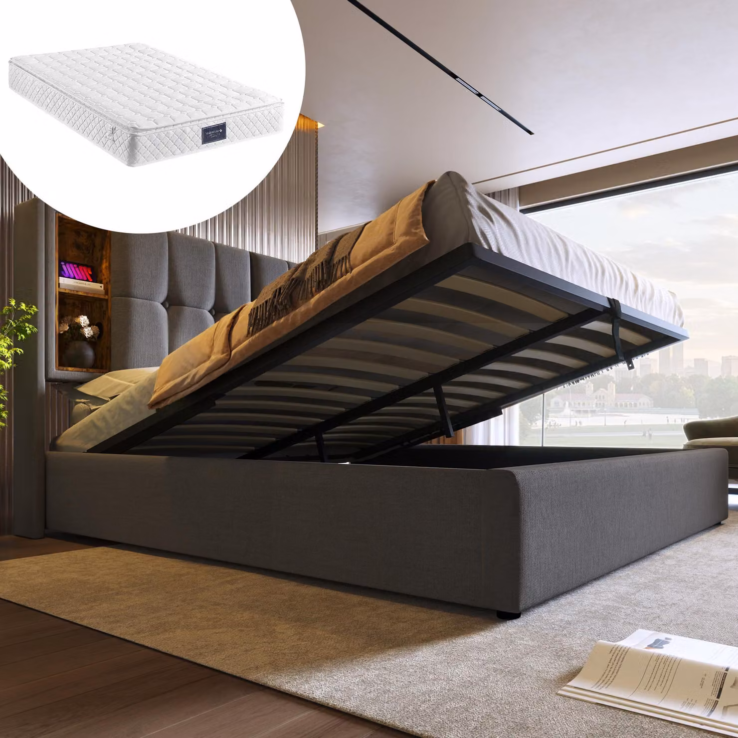Letto imbottito 140 x 200 cm con contenitore, ricarica wireless, 2 porte USB e 1 porta di tipo C, rete a doghe in legno di pino pieghevole, colore grigio