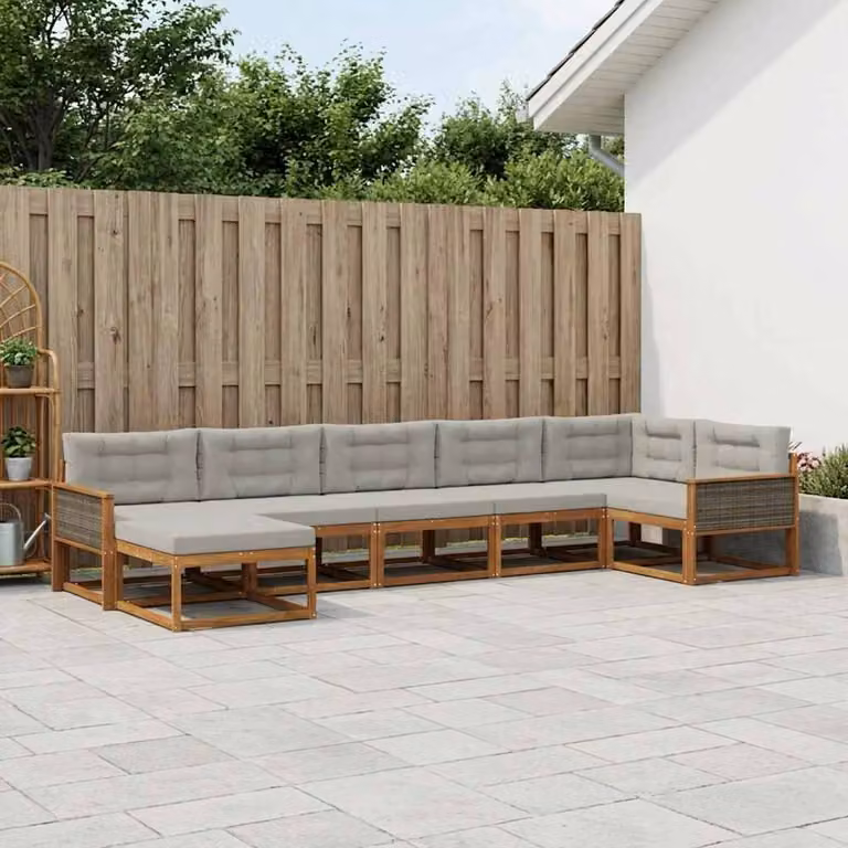 vidaXL Set di divani da esterno 7 pz a forma di L in legno di acacia con cuscini, Beige e Grigio