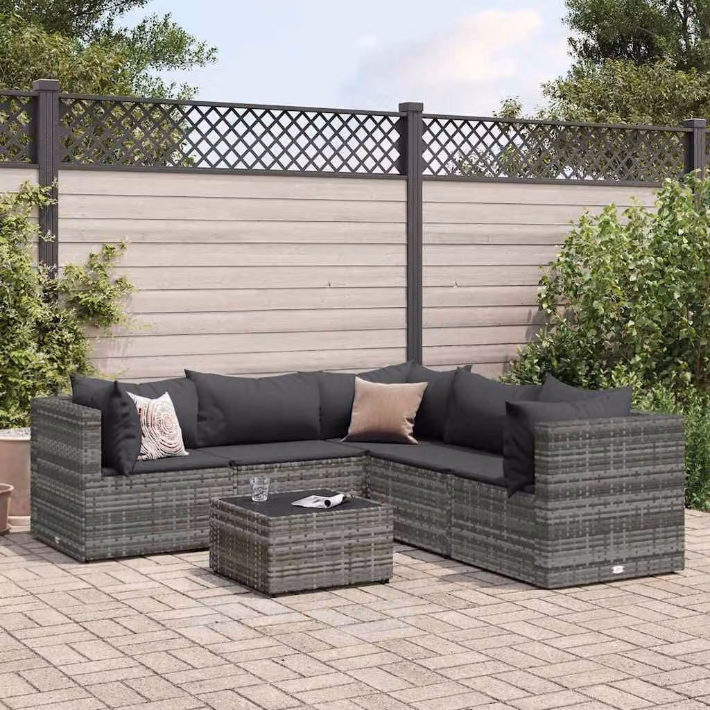 Set Divani da Giardino vidaXL 6 pz a L con Cuscini e Tavolino in Polyrattan Grigio Antracite – 1