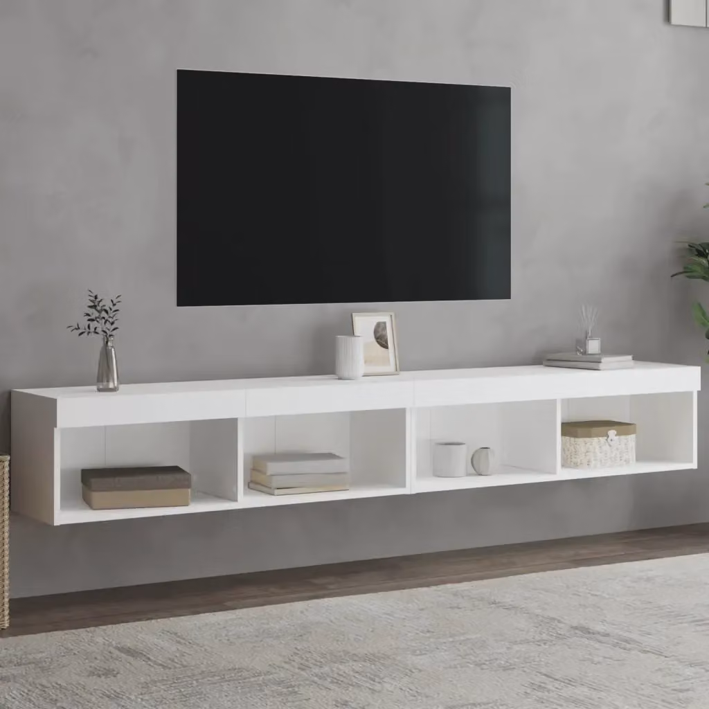 Set di 2 Mobili Porta TV Moderni con Luci LED Integrate, Design in Legno Bianco Opaco, da Appendere alla Parete, L/P/H: 100 x 30 x 30 cm – 2