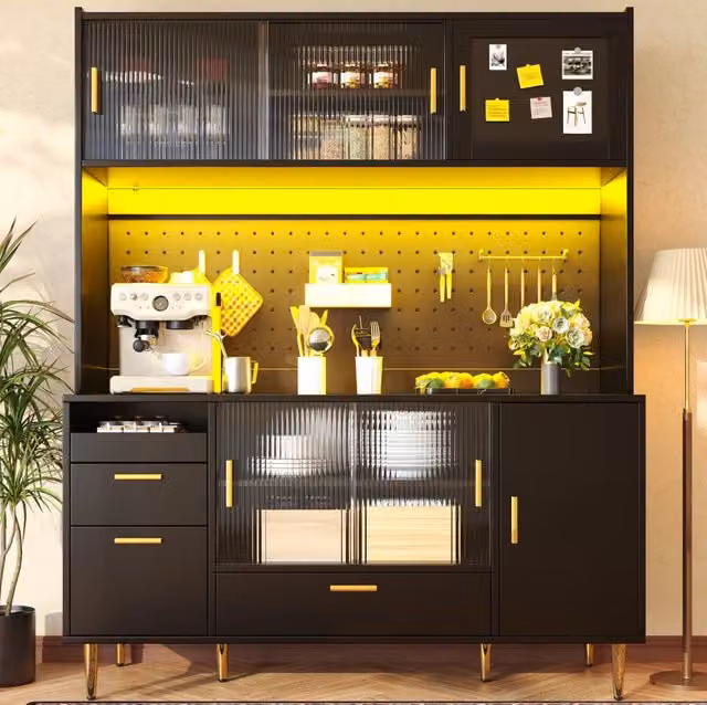 Buffet 140x40x180 cm con illuminazione LED e ante scorrevoli in vetro; MDF; nero