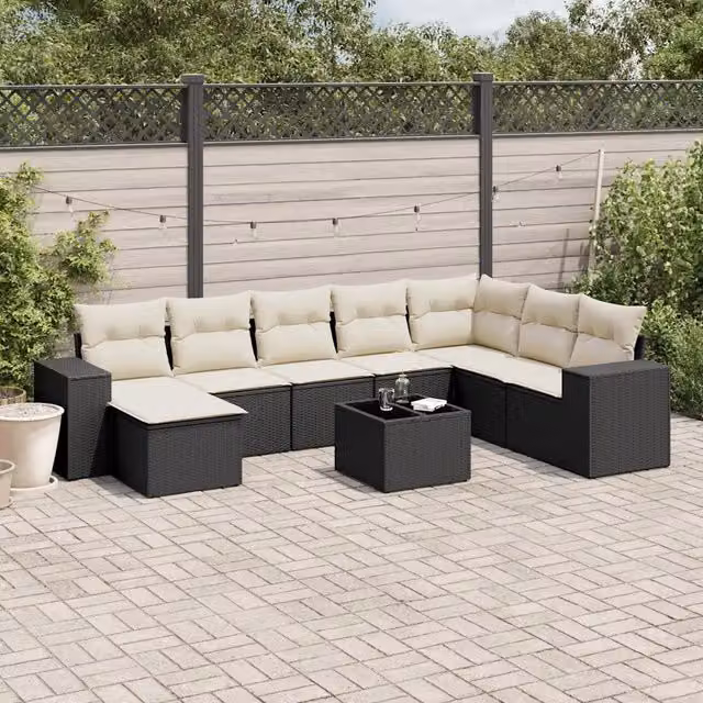 Set Divani da Giardino 9 pz con Cuscini Nero in Polyrattan 3255303