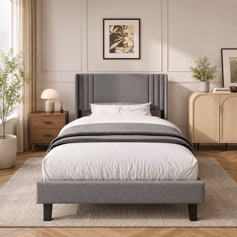 Struttura letto INONEFT 90x200 cm, letto imbottito con spazio contenitore sotto il letto, letto per bambini/ragazzi con testiera e rete a doghe, senza materasso, colore grigio lino