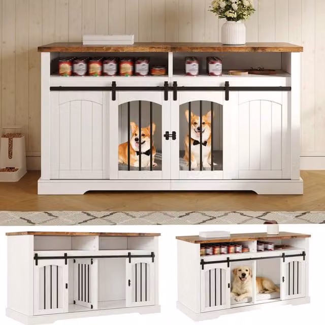 Gabbia per cani da interno con ante scorrevoli, serratura e divisorio rimovibile. Mobile TV con piano vintage marrone, bianco, 153x60x85 cm