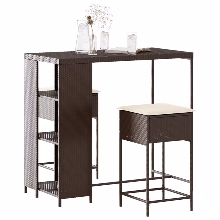 vidaXL Set Bar da Giardino 3 pz in Polyrattan Marrone e Bianco con Cuscini