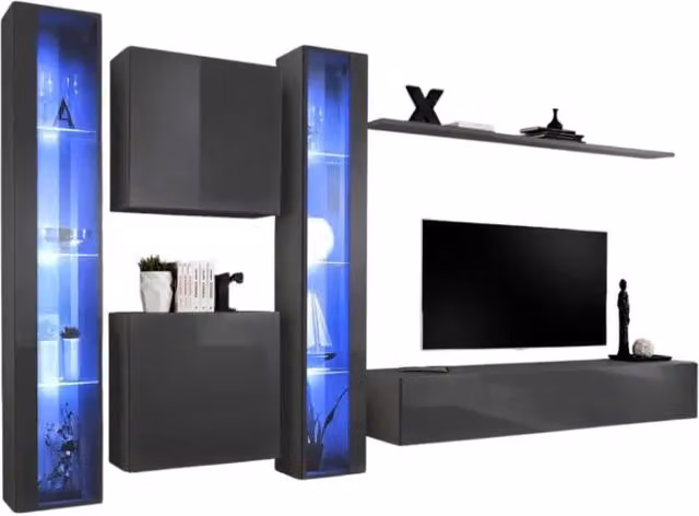 Set di mobili da parete per soggiorno Meublorama Collezione SWITCH XVI, colore grigio lucido, con vetrina, lowboard e illuminazione integrata, L/P/H: 330 x 40 x 180 cm