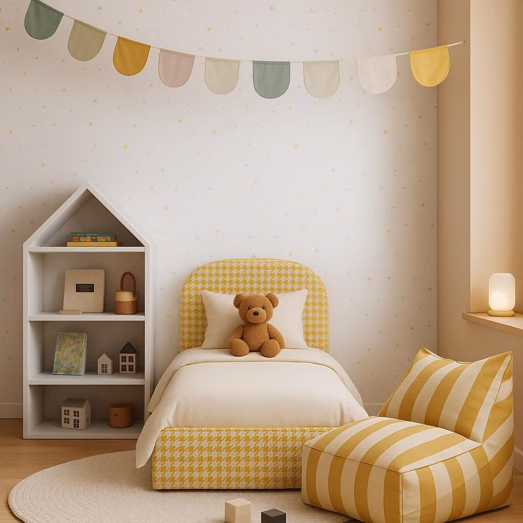 Letto imbottito moderno Sofello, modello MOON, giallo, dimensioni 90–120 × 200 cm. Struttura in metallo. Letto di alta qualità con spazio contenitore, collezione per bambini