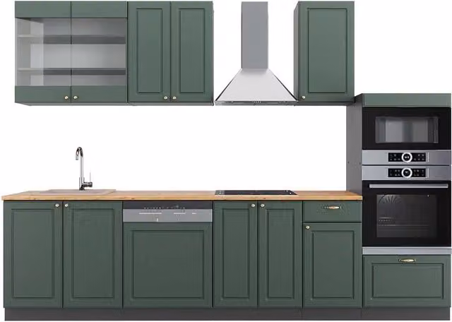 Cucina componibile Fame-Line Verde-oro rustico/Antracite 300 cm con armadio alto, PL Rovere Vicco
