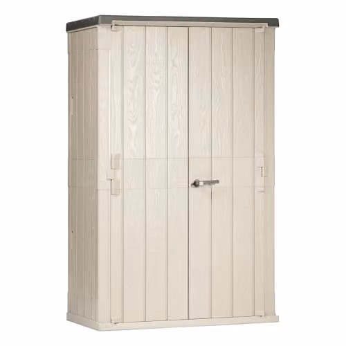 TOOMAX High Stora Way Capanno da 1670L, in plastica resistente effetto legno 130x75,6x206,2h cm, colore grigio talpa/antracite, baule portattrezzi con doppia anta e maniglione, ideale per il giardino