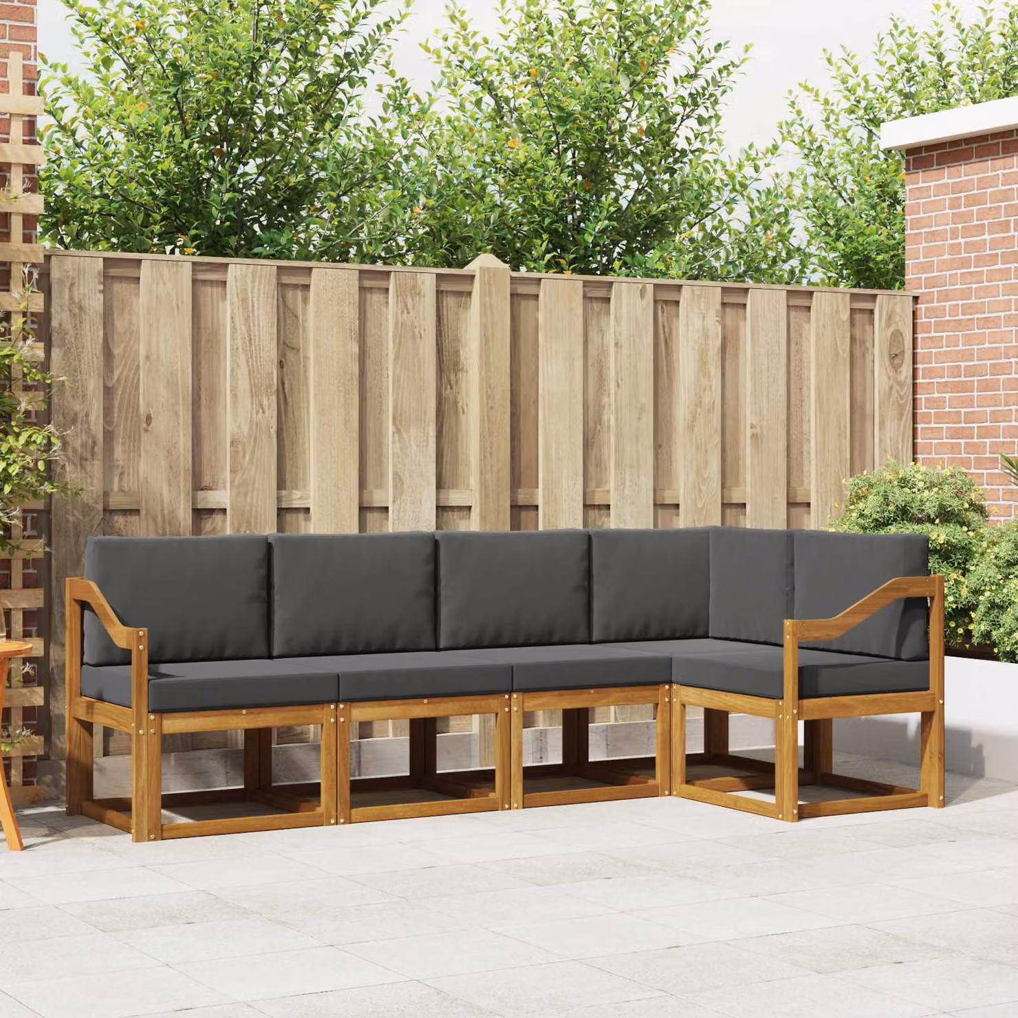 Set di divani da esterno vidaXL a forma di L composto da 5 pezzi in legno di acacia con cuscini in tessuto beige e antracite
