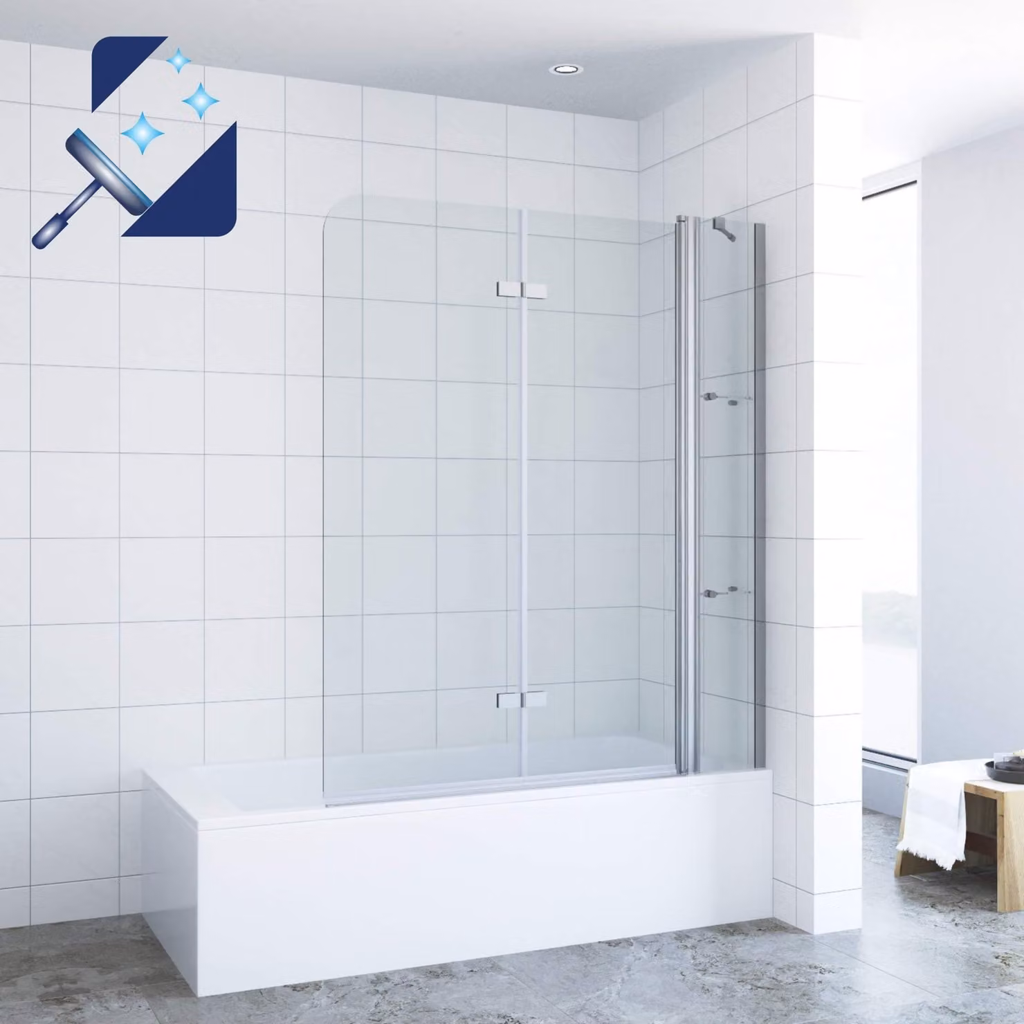 Pannello doccia 150x140 cm, a battente, con mensole angolari, in vetro temperato ESG e rivestimento nanotecnologico
