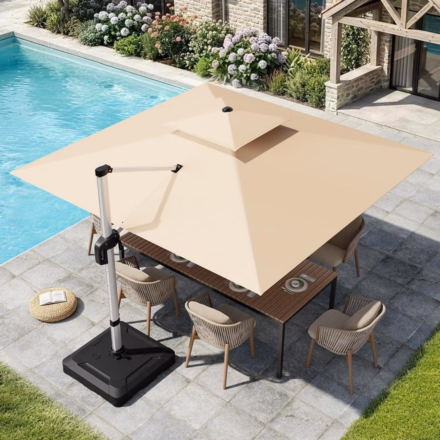Ombrellone da giardino rettangolare, dimensioni 300 x 300 cm, struttura in alluminio, copertura a doppio strato effetto champagne, rotazione a 360°, protezione UV50+, impermeabile