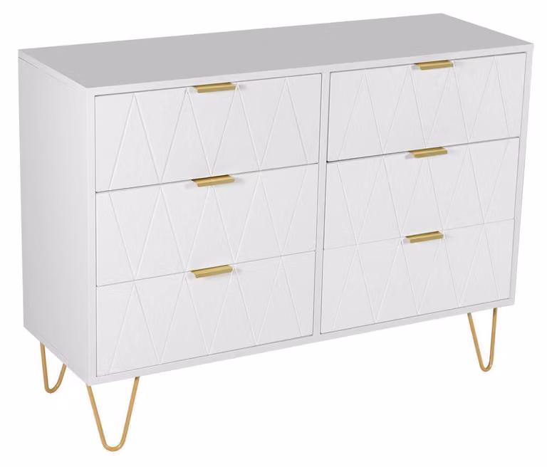 Comodino con 6 cassetti, dimensioni 100x34x73 cm, colore bianco. Mobile contenitore, mobiletto, pensile stretto