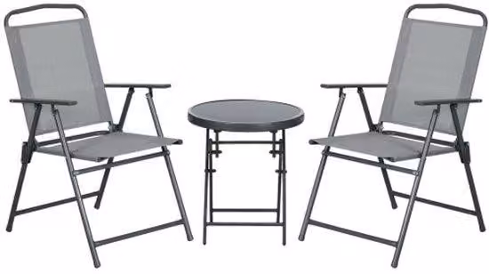 Set da giardino pieghevole, leggero, in acciaio e plastica, composto da 1 tavolo e 2 sedie, 53,5 x 64 x 93 cm, grigio chiaro, per balconi e terrazze
