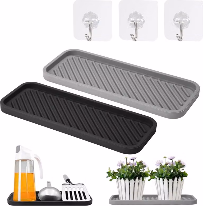 Organizer da lavello in silicone con gancio per spugne - Tappetino antiscivolo per lo sgocciolamento - Organizer da cucina e da bagno per spugne, spazzole e sapone.