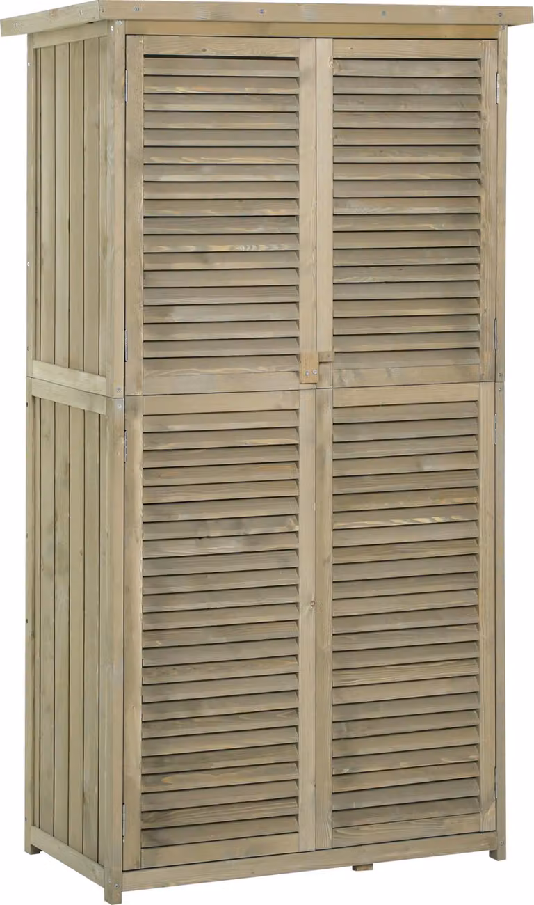 Fortuna Lai Ripostiglio per attrezzi Armadio da giardino Armadio per attrezzi in legno con tetto in asfalto Porta a lamelle 4 scomparti Grigio 87 x 46,5 x 160 cm