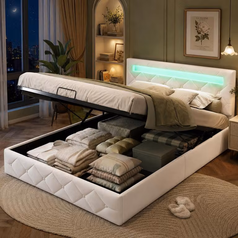 Letto imbottito con boxspring, dimensioni 160x200 cm, con spazio contenitore, letto a molle idraulico con LED, letto matrimoniale con rete a doghe e contenitore, rivestito in velluto bianco
