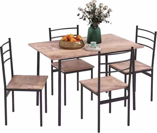 Set Tavolo da Pranzo e 5 Sedie Minimal in Legno e Metallo Bianco, Marrone e Nero L/P/H: 110 x 70 x 75 cm