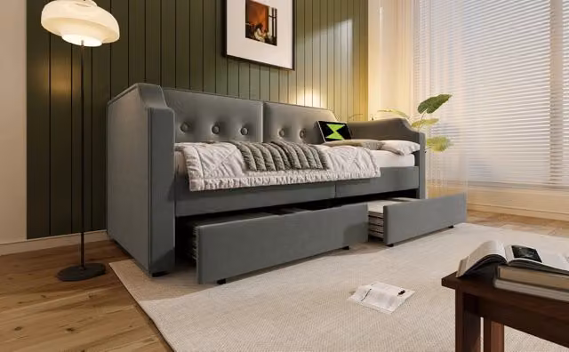 Letto a giorno imbottito 90x200 cm con 2 cassetti, luce da lettura, ricarica USB/Type-C, rete a doghe in legno, velluto grigio, senza materasso