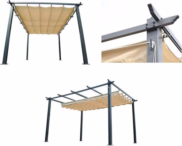 Gazebo a Pergola da Giardino Bauer in Alluminio con Telo Retrattile in Poliestere Beige L: 400 cm, P: 300 cm, H: 230 cm