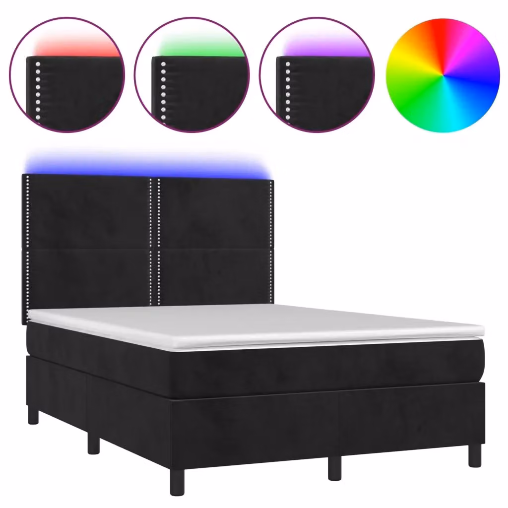 Letto Ibrido vidaXL in Velluto Nero con Materasso a Molle Individuali, Illuminazione LED Sotto il Letto e Porte USB, L/P: 140 x 200 cm – 2