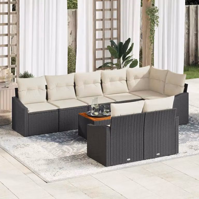 Set Divano da Giardino a L vidaXL 9 pz Nero con Cuscini e Tavolino in Polyrattan e Acciaio