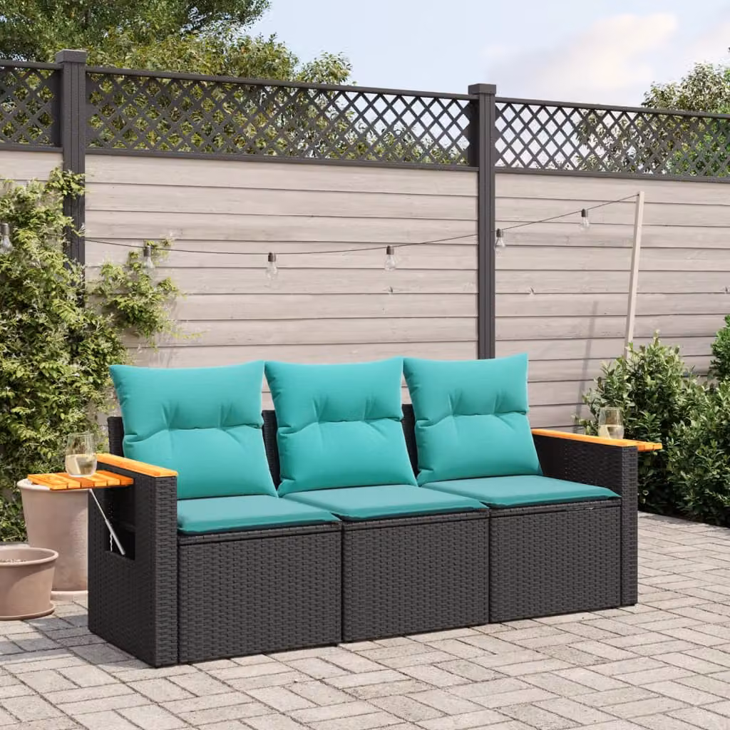 Set da giardino vidaXL composto da divano a 3 posti, poltrona lounge e tavolino da caffè in polyrattan nero con cuscini blu resistenti ai raggi UV – 1