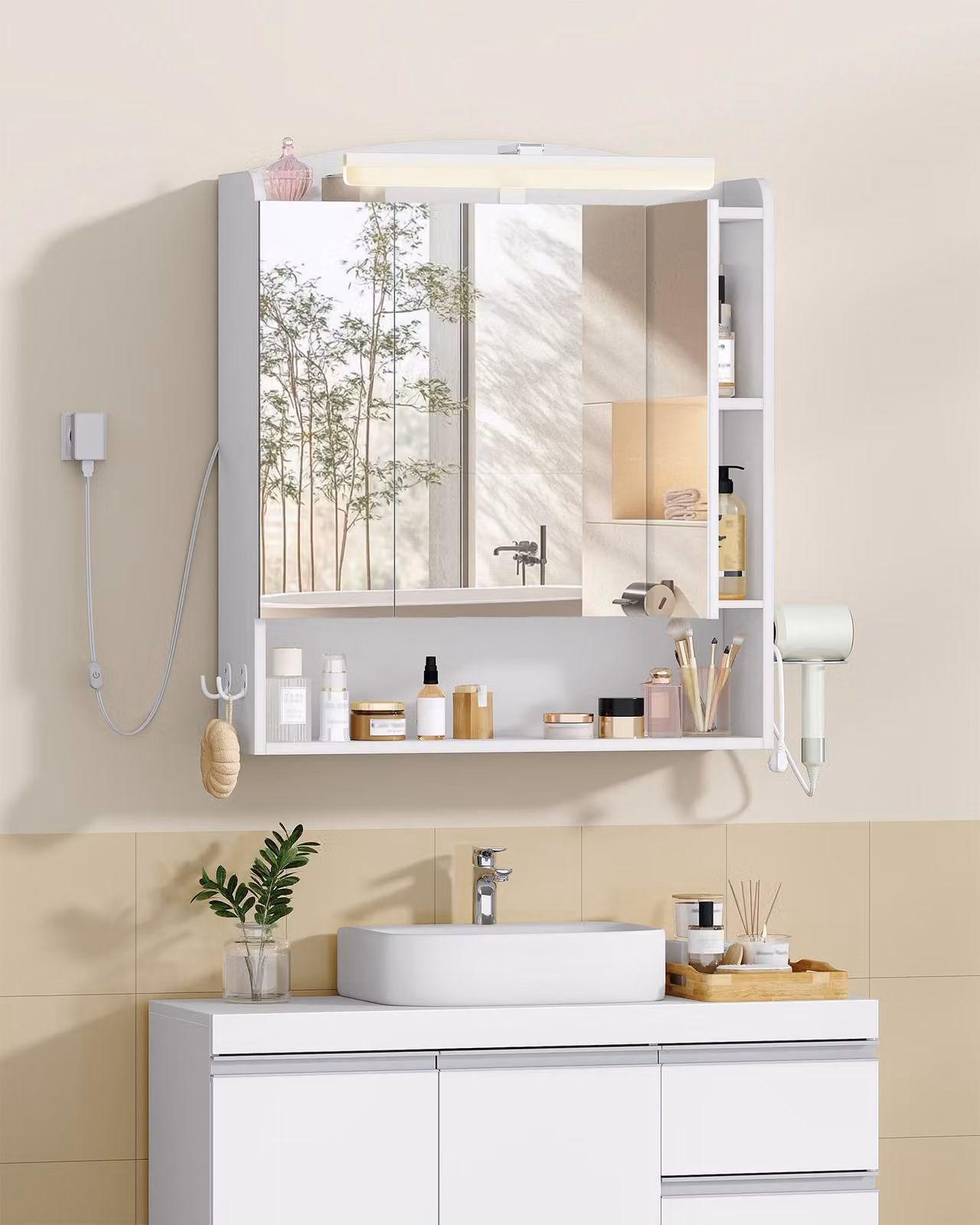 Mobiletti da bagno con specchio e illuminazione - Bianco - Mobiletto con specchio - Ripiani regolabili