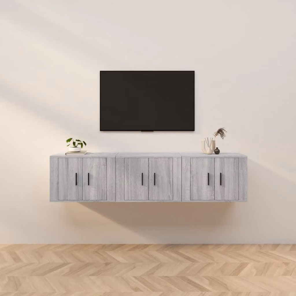 Set di 3 mobili porta TV da parete vidaXL in legno e MDF, colore grigio, L: 57 cm, P: 34,5 cm, H: 40 cm