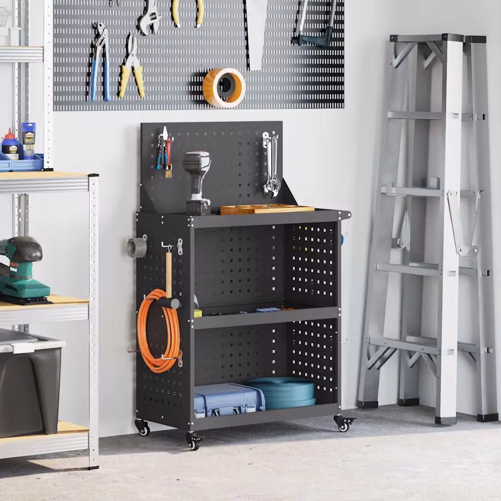 Carrello per attrezzi vidaXL in acciaio nero con scaffale, arrotolabile e bloccabile, L: 65 cm, P: 35 cm, H: 111 cm