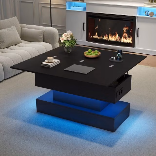 Tavolino basso OKWISH nero opaco con meccanismo sollevabile, luce LED, presa integrata e vano contenitore, L: 100 cm, P: 50 cm, H: 51,5 cm