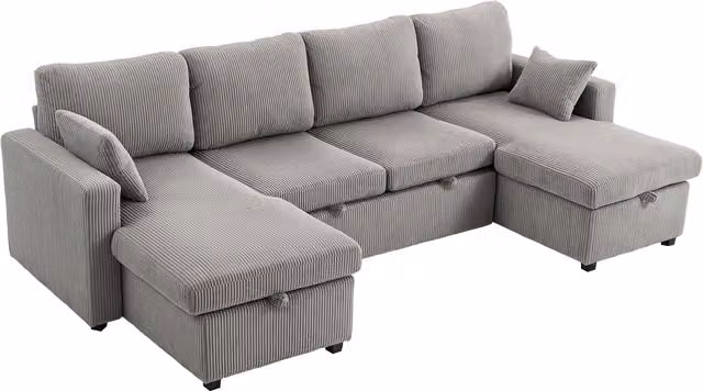 Divano Letto Moderno a U HOMCOM con 2 Chaise Longue e Vani Contenitore in Velluto a Coste Grigio L: 282 cm, P: 140 cm, H: 86 cm