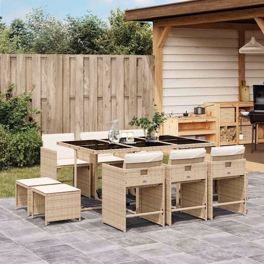 vidaXL Set da Pranzo da Giardino 11 pz in Polyrattan con Cuscini Beige e Tavolo in Vetro – 1