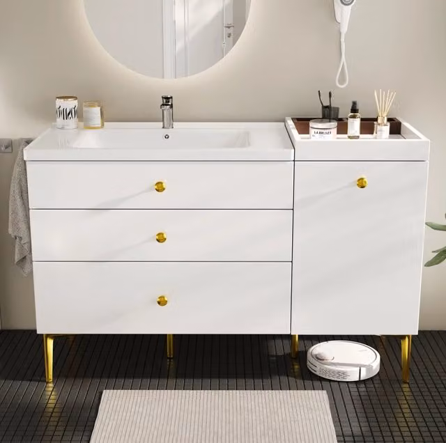 Mobile bagno bianco con lavabo in ceramica, armadietto con cassetti e ante, design moderno 120x47,5x80 cm