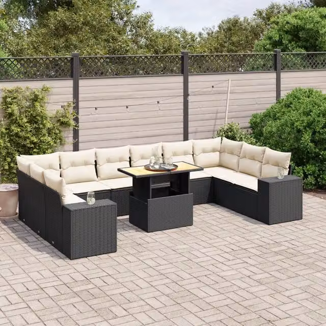 Set di divani da giardino VIDAXL in polyrattan nero con 11 pezzi e cuscini inclusi