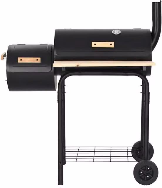 Barbecue Affumicatore a Carbonella Offset Videx Nero con Termometro e Ruote in Acciaio e Legno L/P/H: 113 x 60 x 103 cm