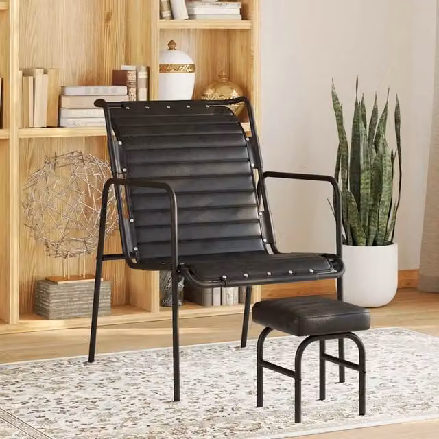 Poltrona Relax con Poggiapiedi in Vera Pelle Nera e Struttura in Metallo con Design Vintage
