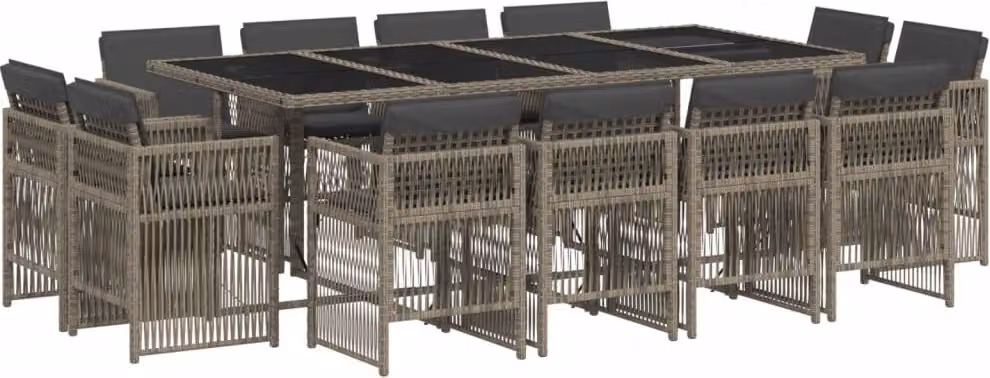 Set da Pranzo da Giardino 13pz con Cuscini Grigio in Polyrattan
