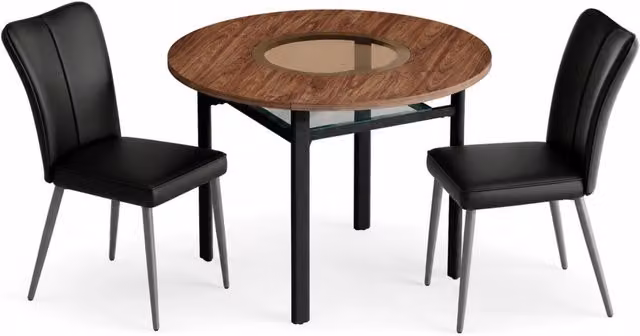 Set tavolo da pranzo rotondo 100 cm effetto legno marrone con 2 sedie in PU nere