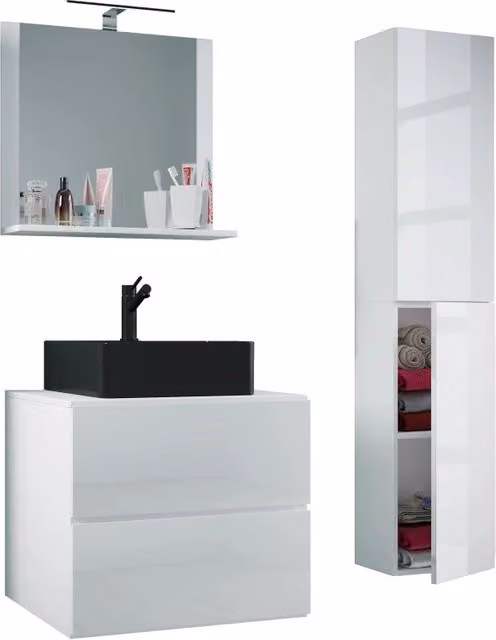 Set da bagno EZOOZA moderno composto da 4 pezzi con mobile sospeso a 2 cassetti, lavabo grande in ceramica nera, colonna e specchio, colore bianco