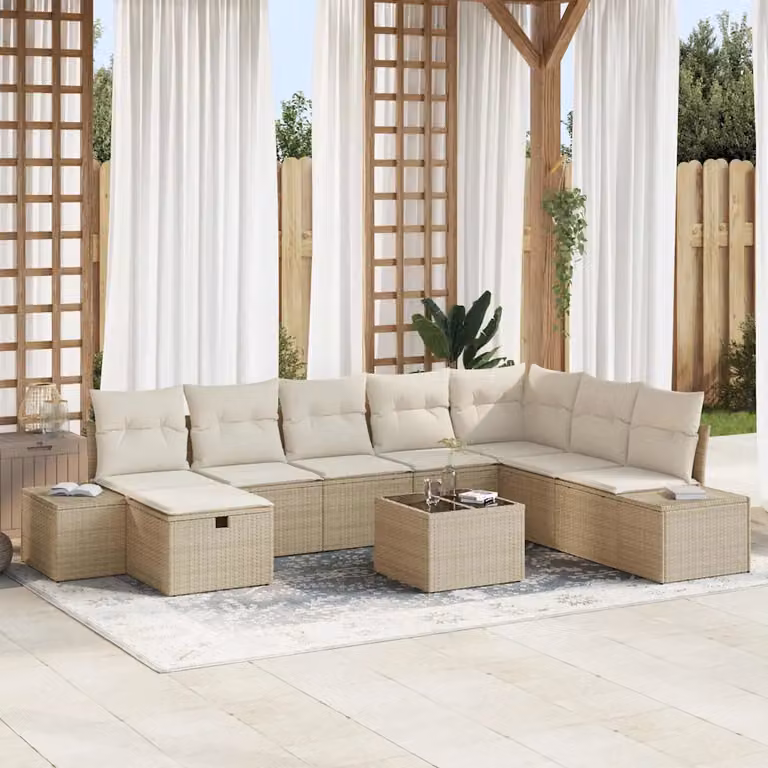 Set Divano da Giardino vidaXL 9 Pezzi in Polyrattan Beige con Cuscini e Tavolino da Esterno