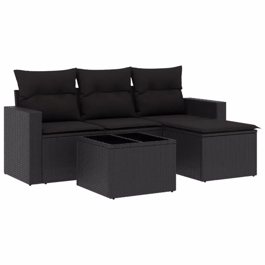 vidaXL Set Divani da Giardino a L 5 pz in Polyrattan Nero con Cuscini e Tavolino da Esterno – 2