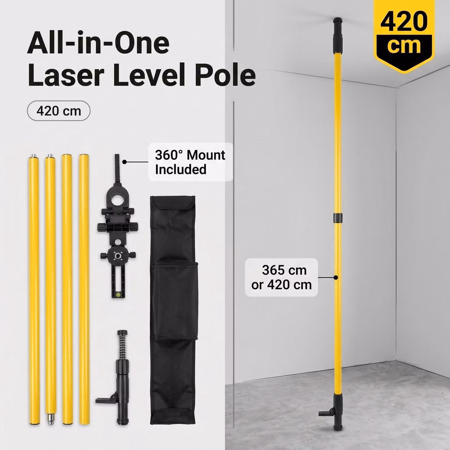 Asta laser telescopica 365–420 cm con adattatore 5/8"-11 e 1/4"-20 per laser rotanti e lineari