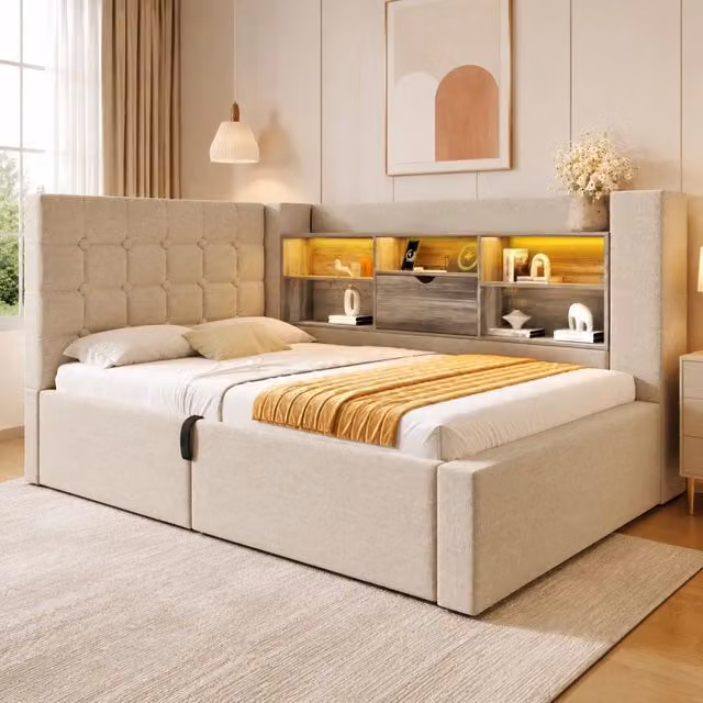 Letto singolo 90x200 cm con LED; contenitore idraulico; testiera L reversibile; beige