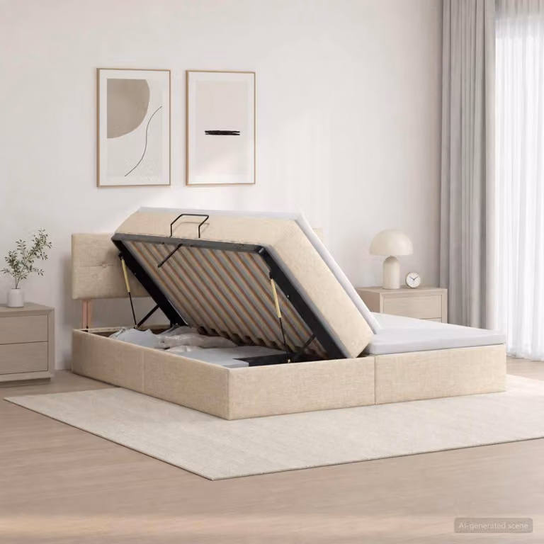 Letto con contenitore vidaXL in tessuto beige con illuminazione LED e porta USB, L/P/H: 200 x 200 x 140 cm